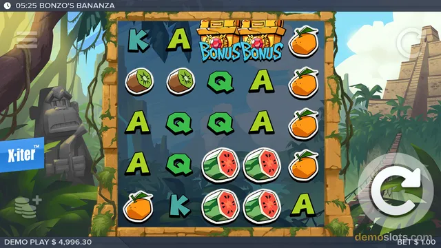 A 5x5 grid of slot symbols in a jungle-themed game, with two bonus chests at the top.