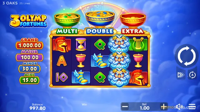 A 5-reel, 3-row video slot game titled 3 OAKS 3 Olymp Fortunes displays Greek-themed symbols against a blue sky background with clouds.