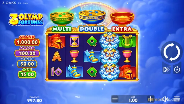 A 5x3 grid slot game titled 3 Olymp Fortunes shows Greek-themed symbols including Zeus, helmets, and winged sandals against a blue sky background.
