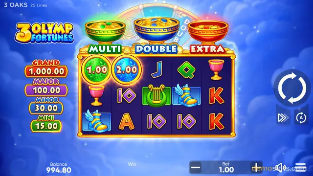 A 5x3 slot game grid with Greek mythology symbols is displayed against a blue sky background, featuring multiplier bowls above the reels and jackpot values on the left.