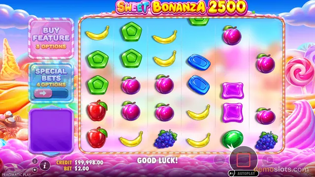 A screenshot of the Sweet Bonanza 2500 slot game showing a 6x5 grid of candy and fruit symbols against a pastel background.