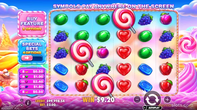 A colorful candy-themed slot machine screen showing a 6x5 grid of symbols with a win of $9.20 displayed at the bottom.