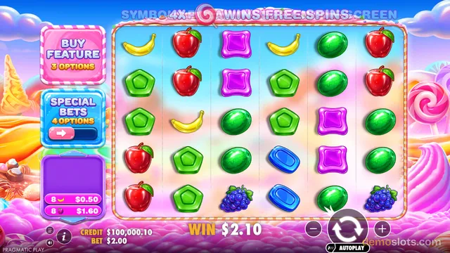 A 6x5 grid of candy-themed slot symbols is displayed on a bright pastel background with a recent win of $2.10 shown below the reels.