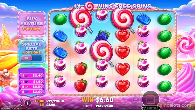 A fully rendered slot game screen showing a 5x4 grid of candy-themed symbols, including lollipops, plums, and fruits, with a win amount displayed at the bottom.