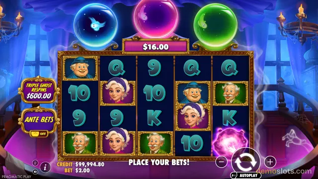 A 5x3 slot game grid with cartoon characters and numbers, showing a $16.00 win banner above the reels.