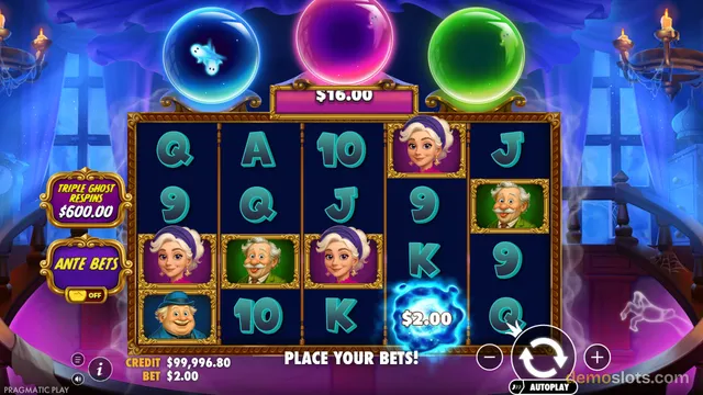 A 5x3 slot game grid with a ghost theme shows playing card symbols and character symbols, with a $16.00 win banner above the grid and a $2.00 win on the reels.