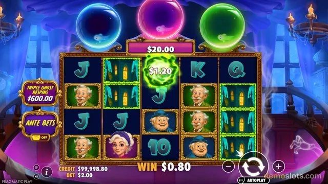 A 5x5 slot game grid with cartoon characters and letters, featuring a glowing green orb showing a 1.20 win, with three large colored orbs at the top and a win of 0.80 displayed at the bottom.