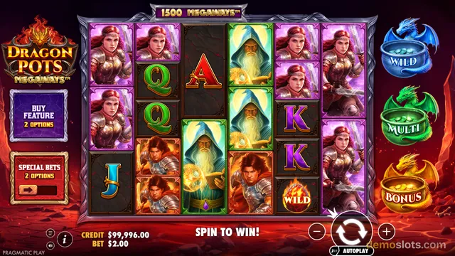 A slot game titled Dragon Pots Megaways shows a 6-reel grid with fantasy characters and card symbols, flanked by side panels and a bottom control bar.