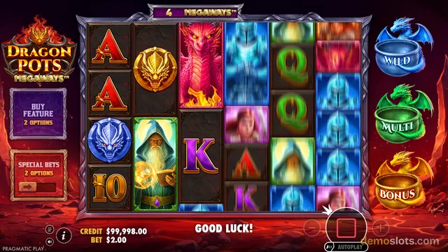 A slot game titled Dragon Pots Megaways shows a reel grid with symbols including red dragons, golden orbs, blue dragon heads, and a wizard, with side panels for Buy Feature and Special Bets.