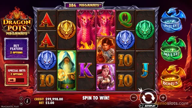 A Dragon Pots Megaways slot game showing a 6-reel grid with dragon-themed symbols and a 384 Megaways indicator at the top.