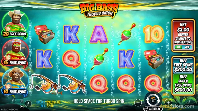 A slot game titled Big Bass Trophy Catch shows a 5x3 reel grid with fishing-themed symbols, a credit of $99,994.00, and a bet of $2.00.