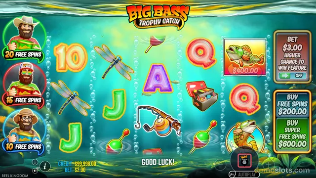 A 5-reel, 3-row slot game titled Big Bass Trophy Catch shows an underwater fishing scene with symbols like a fisherman, fish, dragonflies, and playing cards, plus a 'GOOD LUCK!' message at the bottom.