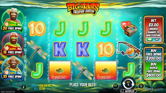 Screenshot of Big Bass Trophy Catch slot game showing a 5x3 grid with fishing-themed symbols and a bright underwater background.
