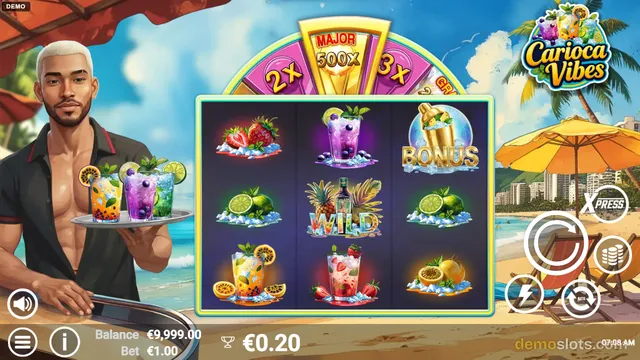 A 3x3 slot game titled Carioca Vibes shows a beach scene with a bartender on the left and a reel grid filled with tropical cocktails and fruits.