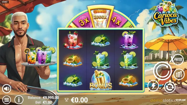 A slot game titled Carioca Vibes shows a 3x3 grid of tropical cocktails with a bartender character on the left, a beach setting, and a win meter at the top.