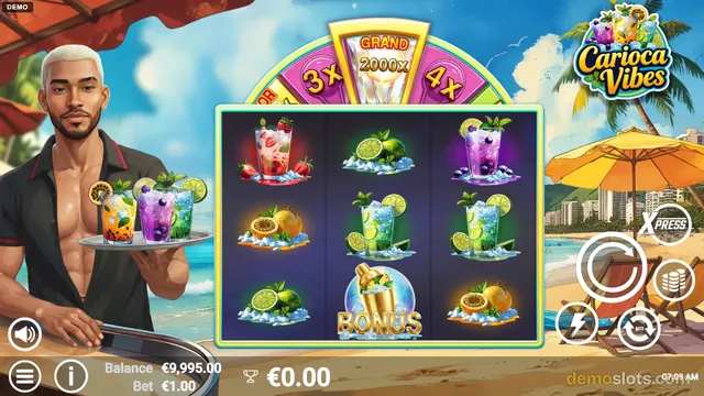 A slot game titled Carioca Vibes shows a 3x3 grid of tropical drinks on a beach-themed background with a bartender character on the left.