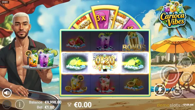 A 3x3 slot game titled Carioca Vibes shows a beach bar scene with a bartender, tropical cocktails, and a winning line of lime drinks paying 0.20, with a jackpot wheel above the reels.