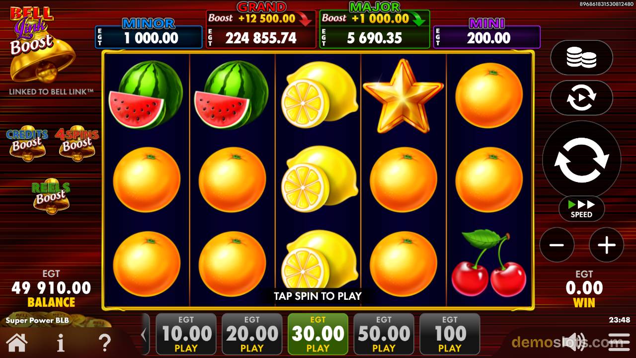 Slot game showing watermelon, orange and other fruit symbols with instruction to tap spin to play.
