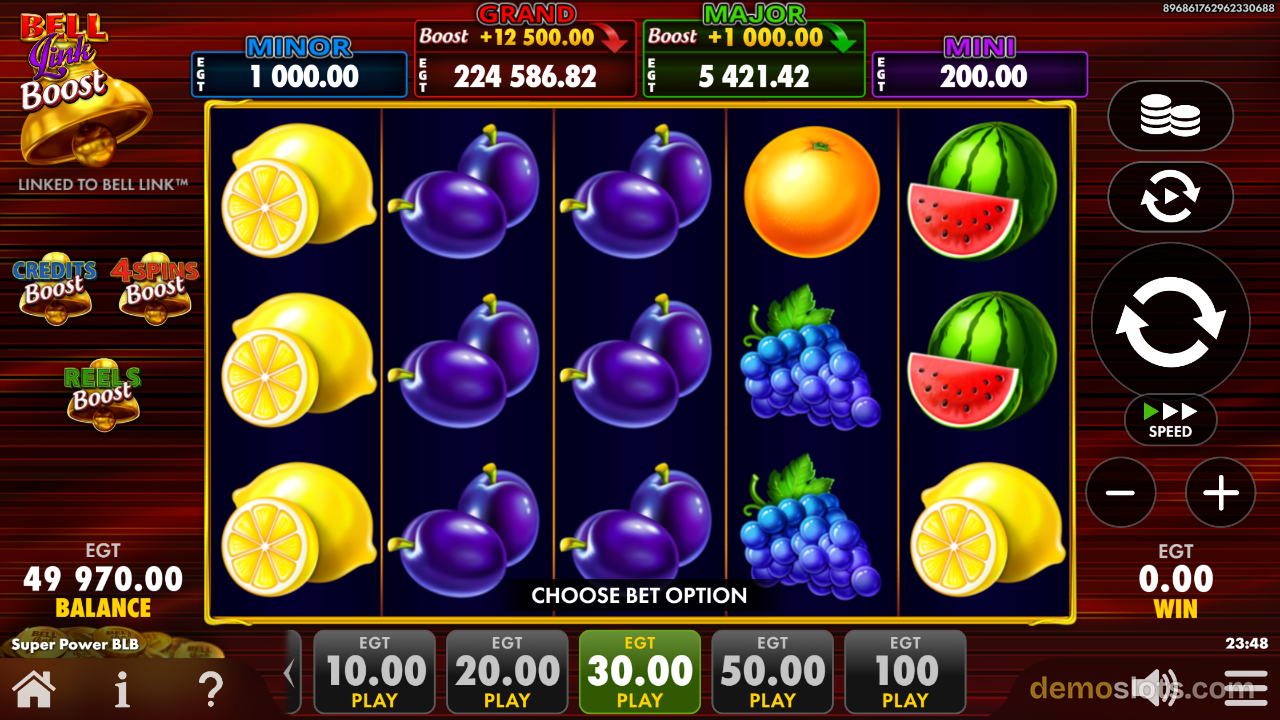Fruit-themed slot showing lemon, plum, grapes, orange and watermelon symbols with bet selection overlay.