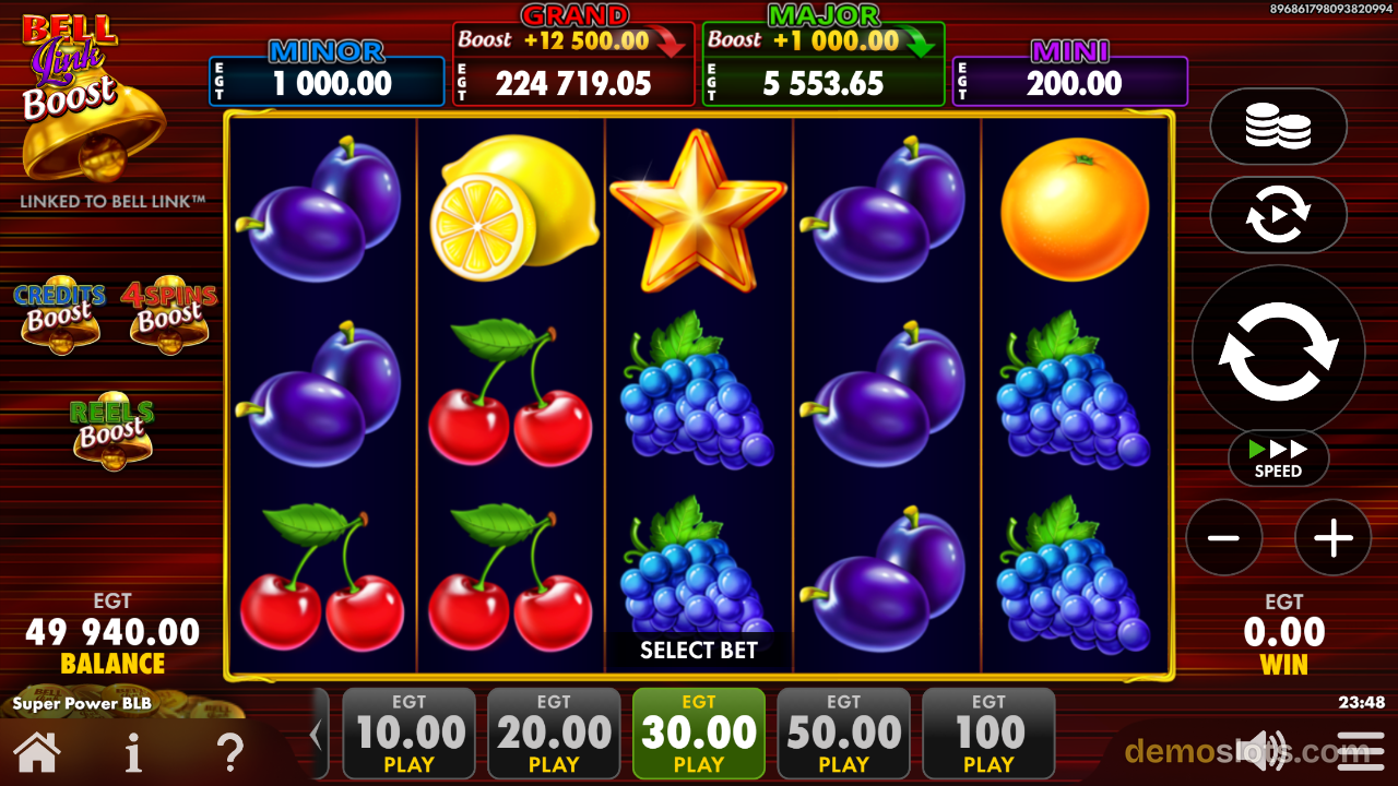 Fruit slot displaying varied symbol arrangement with golden star, plums, grapes and watermelon visible.