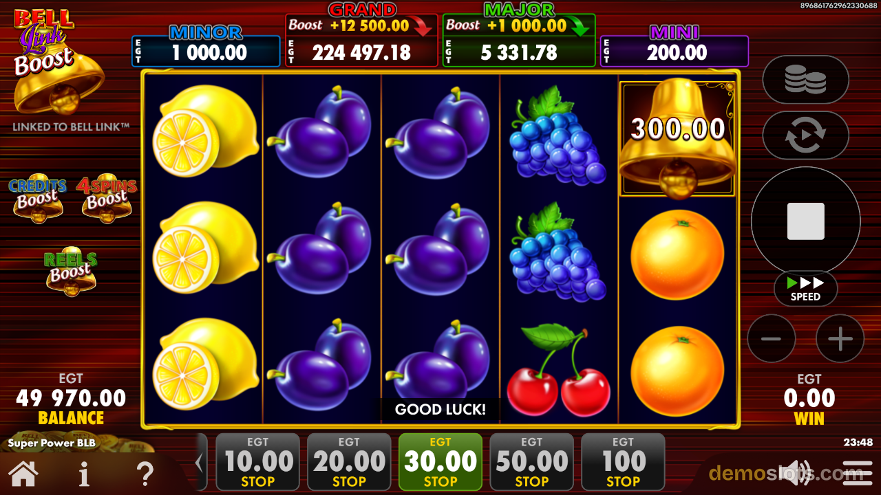 Slot displaying bell symbol win of 300.00 with various fruit symbols including cherry and orange.