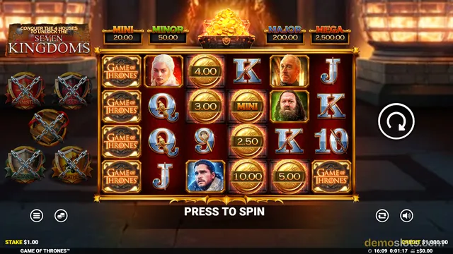 A Game of Thrones themed slot game displays a 6 by 4 grid of symbols with a 'Press to Spin' prompt at the bottom.