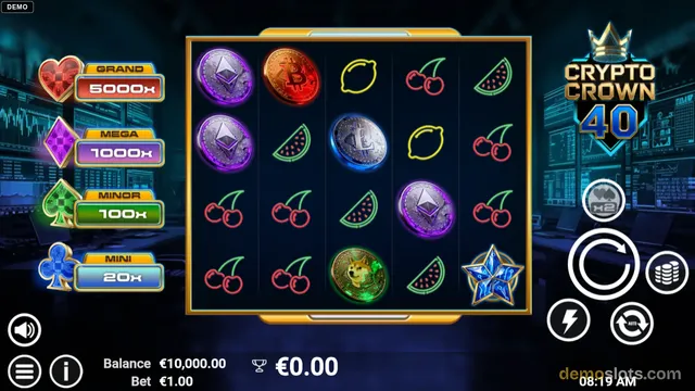 A 5x4 slot grid showing crypto-themed symbols like Bitcoin, Litecoin, and Ethereum against a dark digital backdrop.