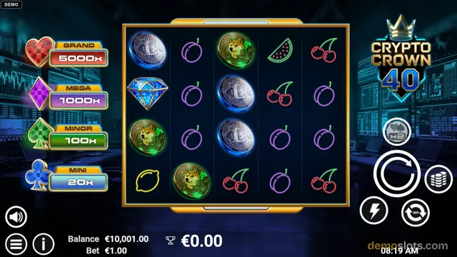 A 5x4 slot game titled Crypto Crown 40 shows a fully rendered reel grid with various crypto-themed symbols and a jackpot panel on the left.