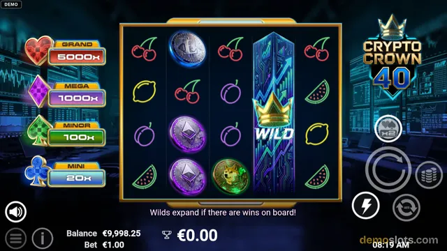 A slot game titled Crypto Crown 40 shows a 5x4 reel grid with a tall wild symbol in the center column and various coin and fruit symbols, with jackpot values on the left and game logo on the right.