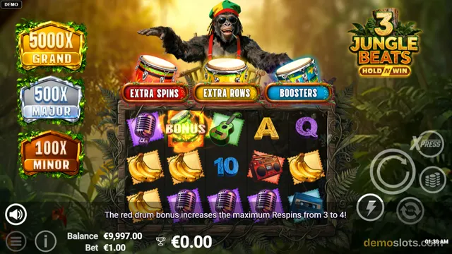 A screenshot of the slot game Jungle Beats 3 showing a 5x3 grid with various symbols and a gorilla character at the top.