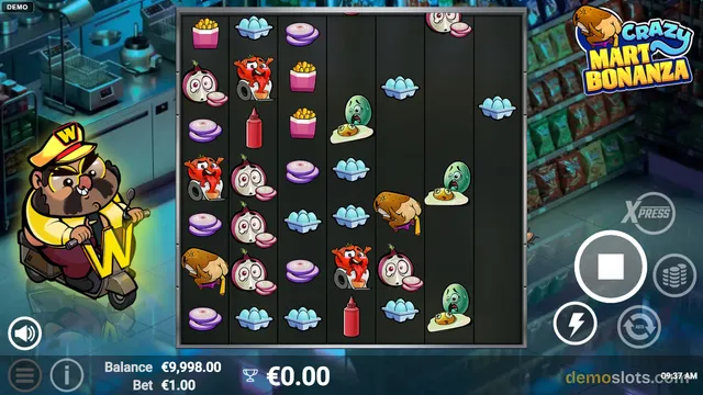 A 5-reel slot game titled Crazy Mart Bonanza shows a grid of cartoon grocery items with a character on a scooter on the left, and a balance of €9,998.00 with a bet of €1.00.