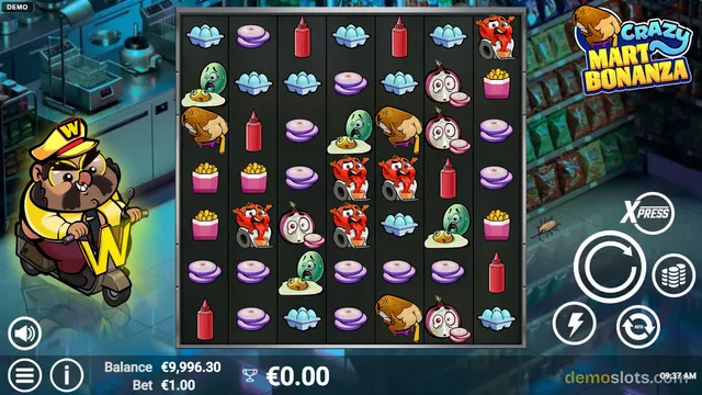 A 6-reel slot game grid filled with cartoon food symbols sits over a supermarket background, with a character on a scooter at the left and game controls on the right.