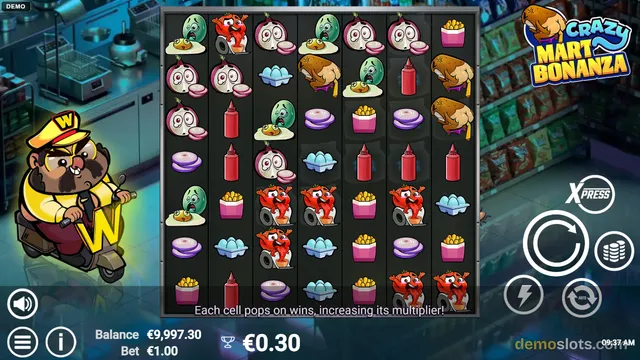 A 7x7 grid slot game called Crazy Mart Bonanza shows a full grid of cartoon grocery symbols with a character on a scooter on the left and a win of €0.30 displayed at the bottom.
