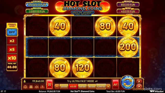 A brightly rendered slot machine screen titled 'Hot Slot Diamond Coins' displaying a 5x3 grid of glowing gold coins with values and a red background.