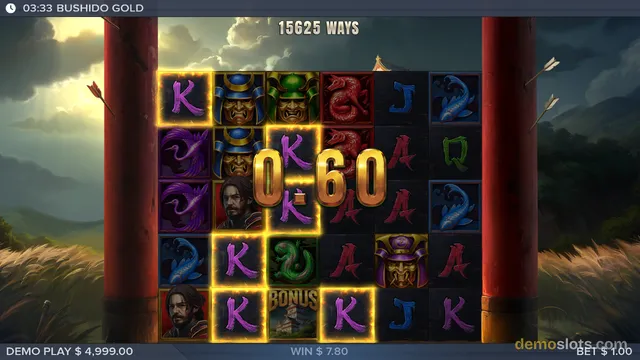 A slot game grid showing a win of 0.60 with highlighted symbols across a 6-column layout, with a 15625 WAYS label at the top and a WIN $ 7.80 display at the bottom.