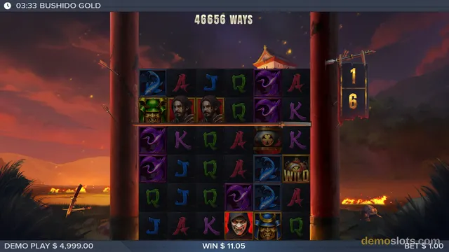 A settled slot game grid titled Bushido Gold shows a 6-column layout with 46656 ways and a win of 11.05.