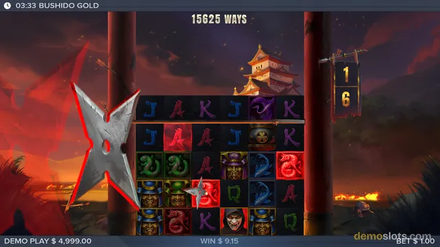 A settled base game of the slot game Bushido Gold shows a 5x6 reel grid with a red shuriken overlay on the left and a castle background.