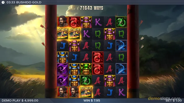 A settled grid of 6x5 reels in the slot game Bushido Gold, with a win of 7.95 displayed at the bottom.
