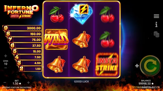 A 3x3 slot game grid showing cherries, a diamond, bells, a wild symbol, and an Insta Strike logo, with a paytable on the left listing wins for 9 through 2 symbols.