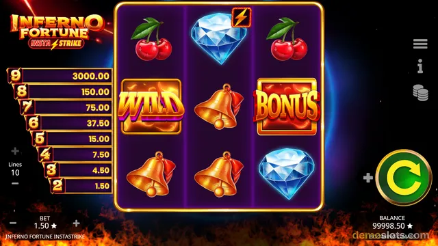 A 3x3 slot grid shows cherries, diamonds, bells, a WILD symbol, and a BONUS symbol against a dark purple background with a fiery theme.