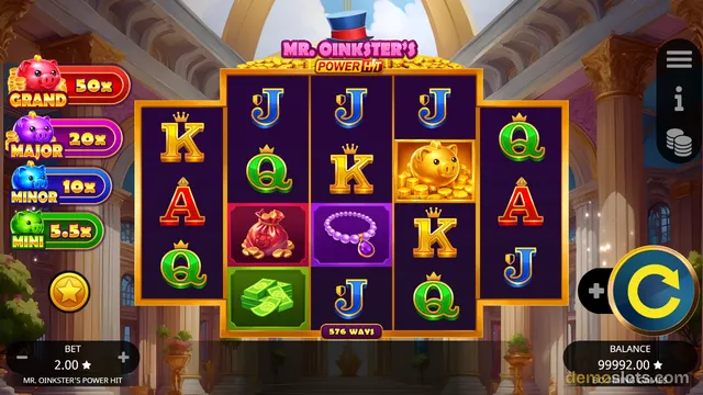 A settled slot game grid showing a 5x3 layout with a golden piggy bank on a bed of coins in the center position, surrounded by playing card symbols and themed items.