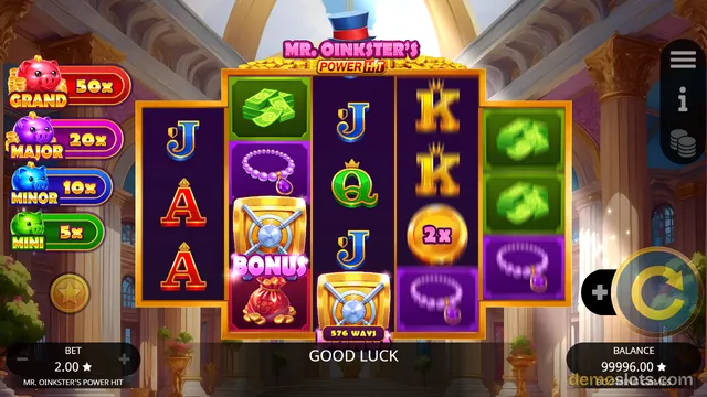 A slot game titled Mr. Oinkster's Power Hit shows a 5x3 reel grid with symbols including a piggy bank bonus, cash stacks, and card letters, with jackpot indicators on the left side.