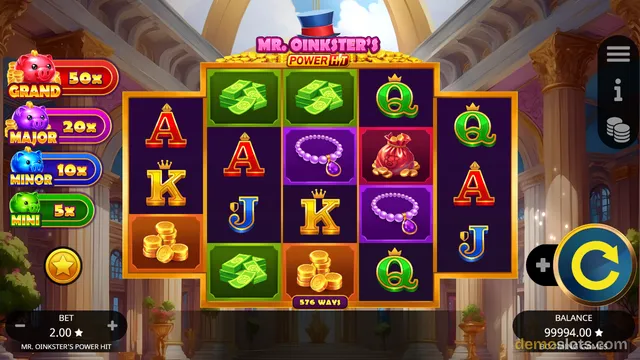 A settled slot game grid titled Mr. Oinkster's Power Hit shows a 5-reel layout with a mix of card letters, money stacks, coins, a necklace, and a money bag, framed by jackpot prizes on the left and bet and balance controls at the bottom.