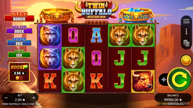 A 5-reel slot game grid with various animal and letter symbols, jackpot prize labels on the left, and a spin button on the right.