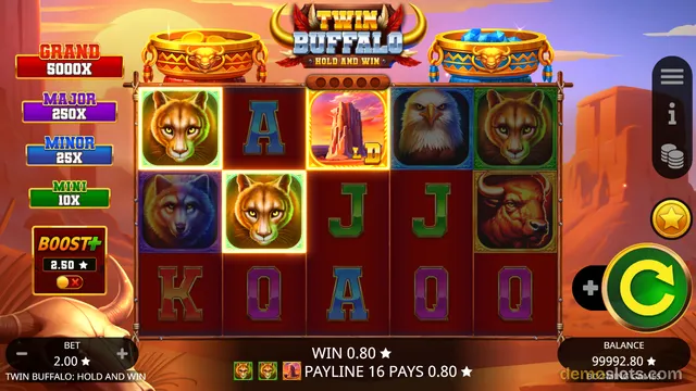 A 5x3 slot game grid showing Twin Buffalo: Hold and Win with a mountain symbol, cougars, a wolf, an eagle, a buffalo, and letter symbols.
