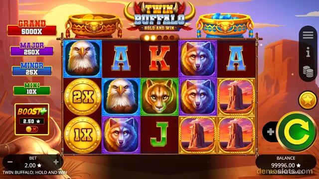 A settled 5x4 slot grid titled TWIN BUFFALO HOLD AND WIN, with animal symbols, gold coin multipliers, and a jackpot ladder on the left side of the screen.