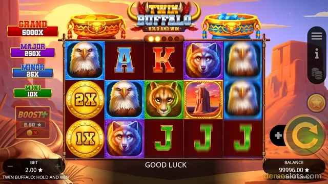 A 5x4 slot game grid with symbols including eagles, wolves, cougars, letters A, K, J, and coin multipliers, with jackpot labels on the left and a spin button on the right.