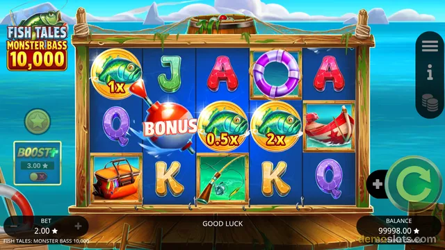 A 5x4 slot game grid showing fishing-themed symbols including fish with multipliers, a bonus bomb, and playing card letters.