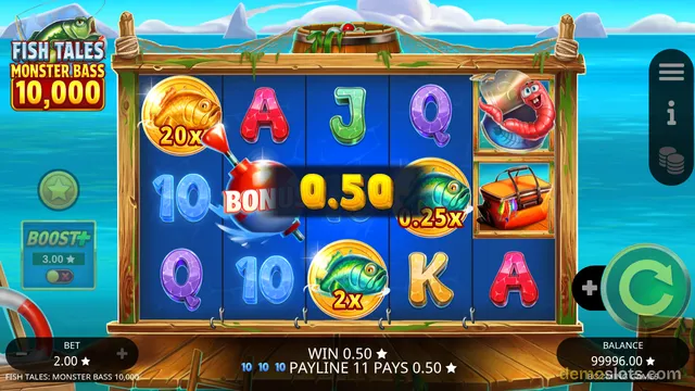 A 5x3 slot game grid with fishing-themed symbols, showing a win of 0.50 with a BONUS symbol in the center.