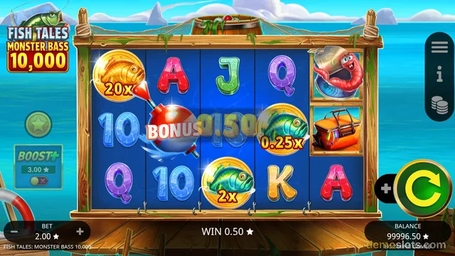 A 5-reel slot game titled Fish Tales Monster Bass 10,000 shows a fishing-themed base game with a BONUS symbol and fish coin symbols on the reels.